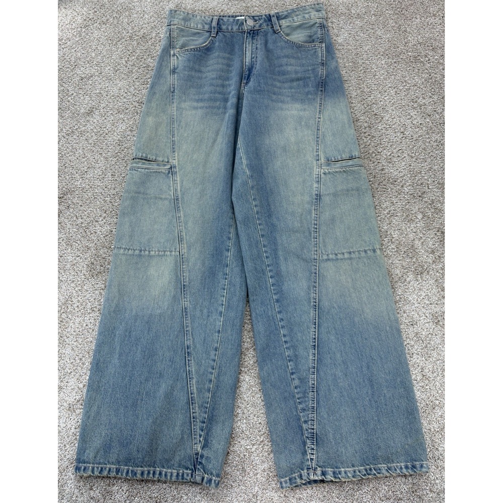 Zara High Rise Wide Leg TRF Cargo Jeans Womens 8 Vintage Blue Baggy Boho Utility
